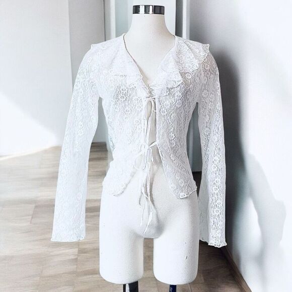 Daisy Street White Ruffle Cardigan Front Tie Smocked Sheer Bell Sleeve L - Picture 1 of 6
